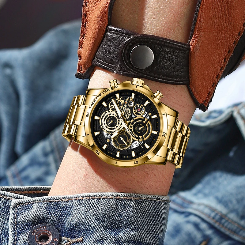 LIGE Fashion Gold Watch Men Military Sport Quartz Mens Watches Top Brand Luxury Full Steel Waterproof Chronograph Reloj Hombre