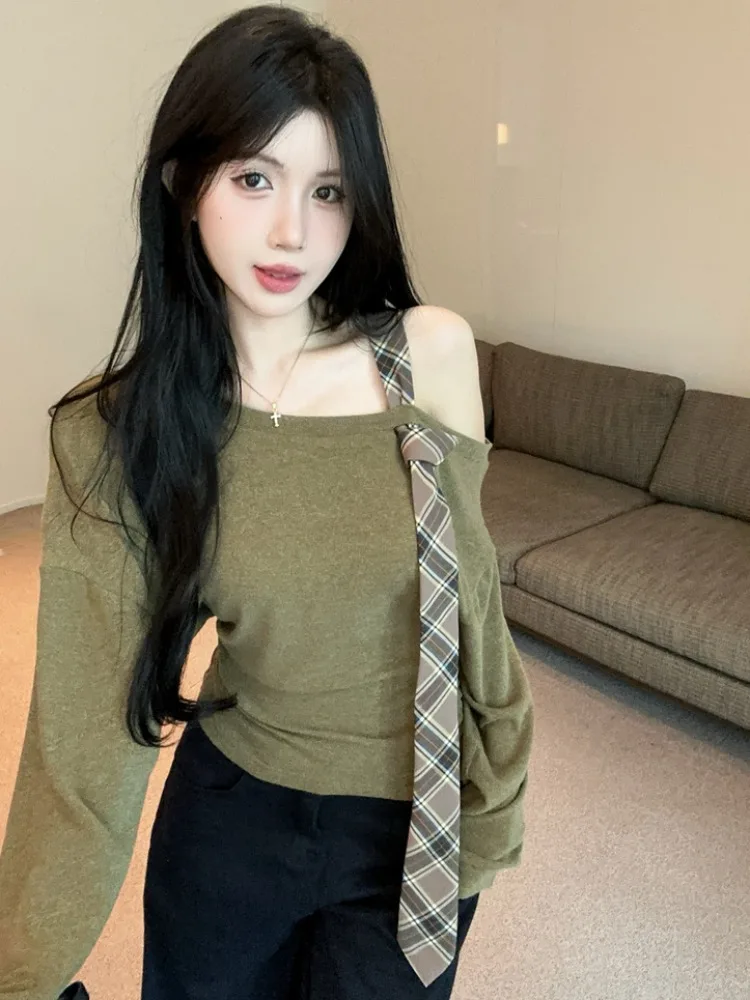 

College Style American One Shoulder Long Sleeve Base Shirt Inner Wear T-Shirt Autumn New Fashion Slant Shoulder Top