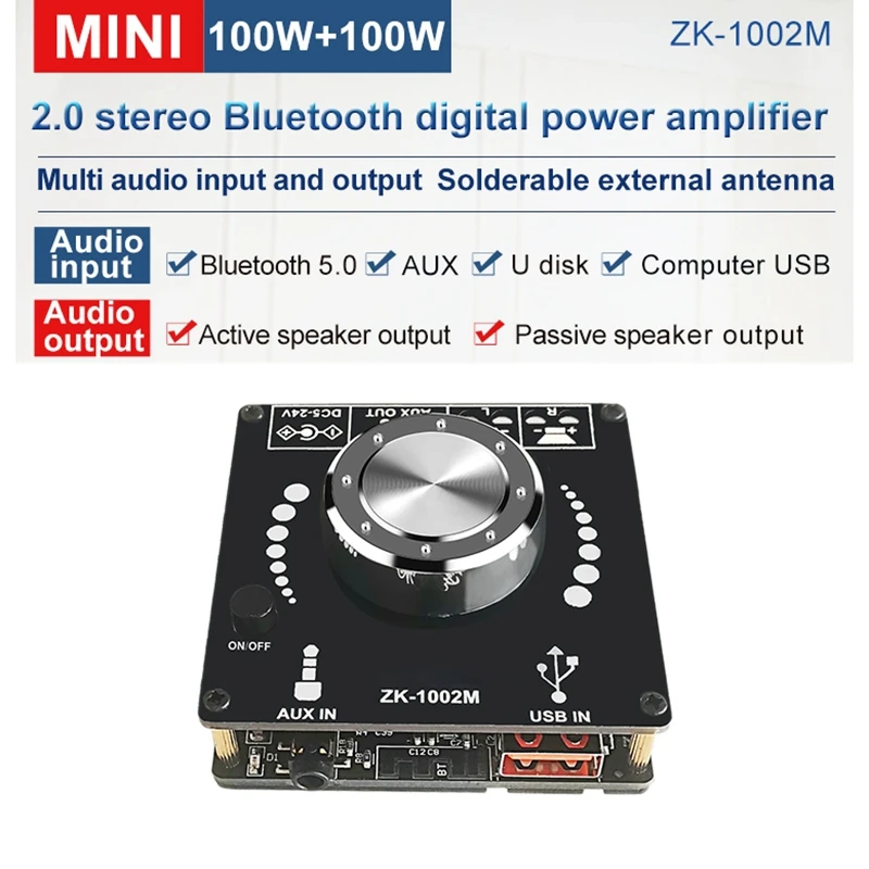 ZK1002M penguat Audio Bluetooth 5.0, modul penguat Audio Amplifier Output Input Audio USB AUX 100Wx2