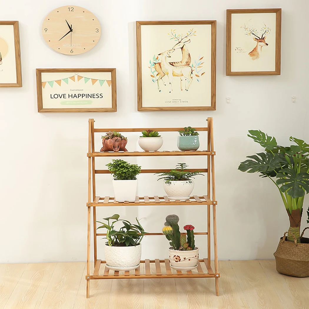 3 Tier Foldable Bamboo Plant Stand Planter Organizer Plants Display Shelf  for Indoor Outdoor