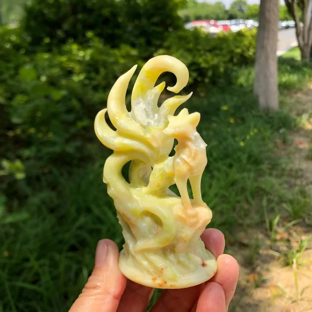 Natural Yellow Quartz Nine-Tailed Fox Carving Healing Mineral Polished Home Decor Ornament Gift-Quality Stone Figurine