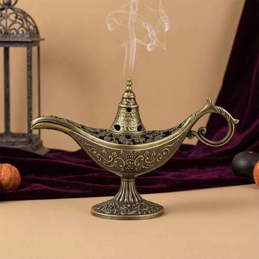 Weihrauchbrenner Magische Lampe Zinklegierung Vintage Hohlgeschnitzt Räucherofen für Weihrauchtabletten Meditation Zen Wohndekoration Dekoartikel Geschenk – Detail 7