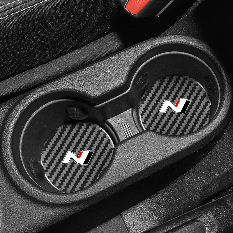 2Pcs Car Carbon Fiber Pattern Coaster Non Slip Water Cup Mat Anti-Dirt for Hyundai N nline tucson kona sonata veloster i20 i30