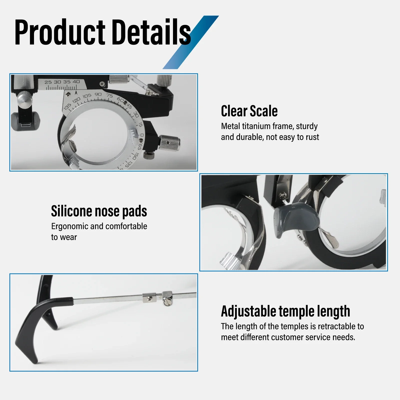 Professioneller Optometrie-Testrahmen aus Metall, verstellbar, PD 48 mm ~ 80 mm, für Brillen – Detail 4