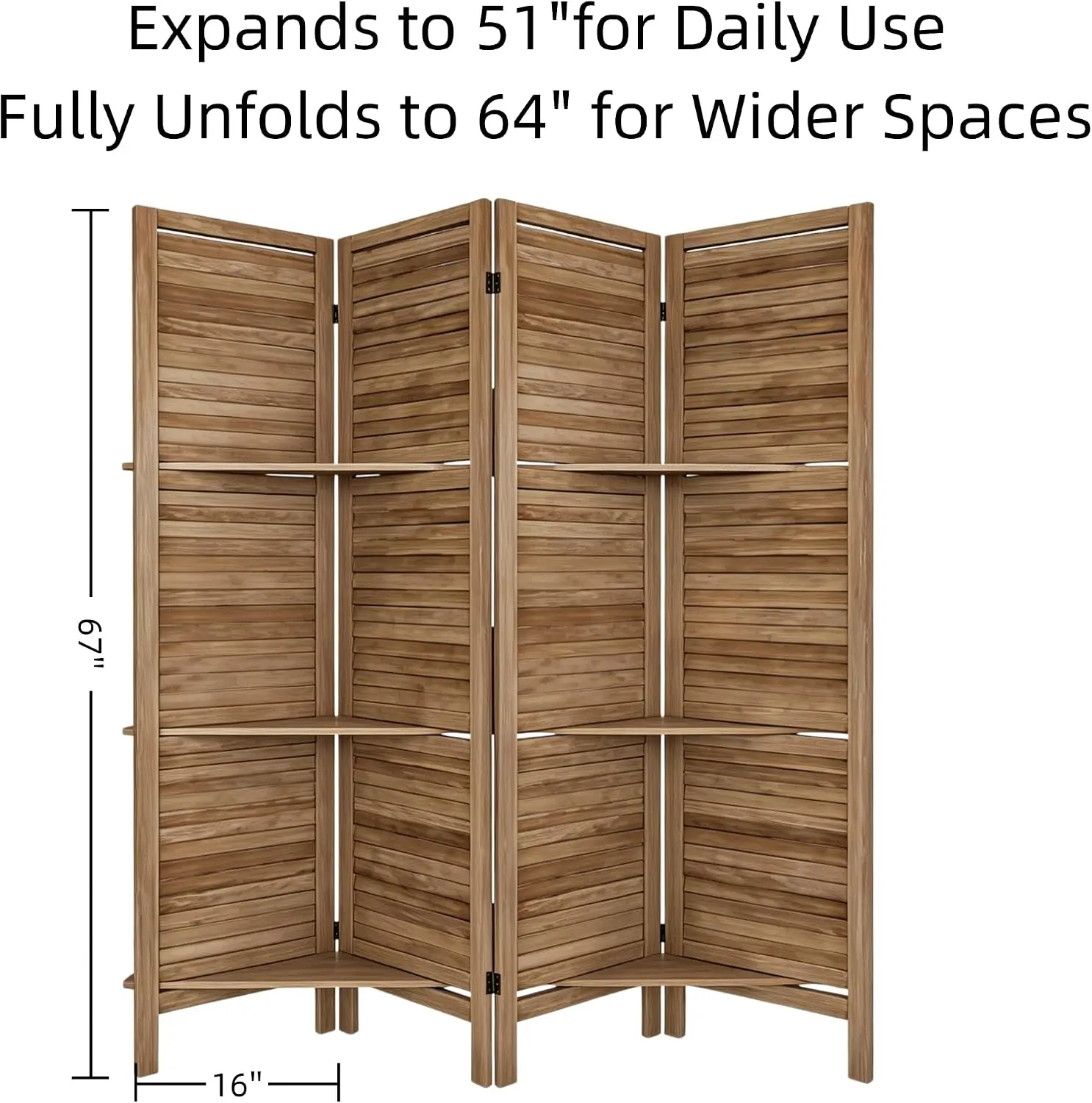 Brown 67-Inch Tall Folding Room Divider, 4-Panel Privacy Screen with Shelves