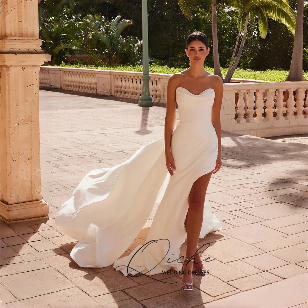 QICHE-Vestidos De novia De sirena sin mangas, De lujo, con cuello en V, con tren, abertura larga, espalda abierta, personalizado
