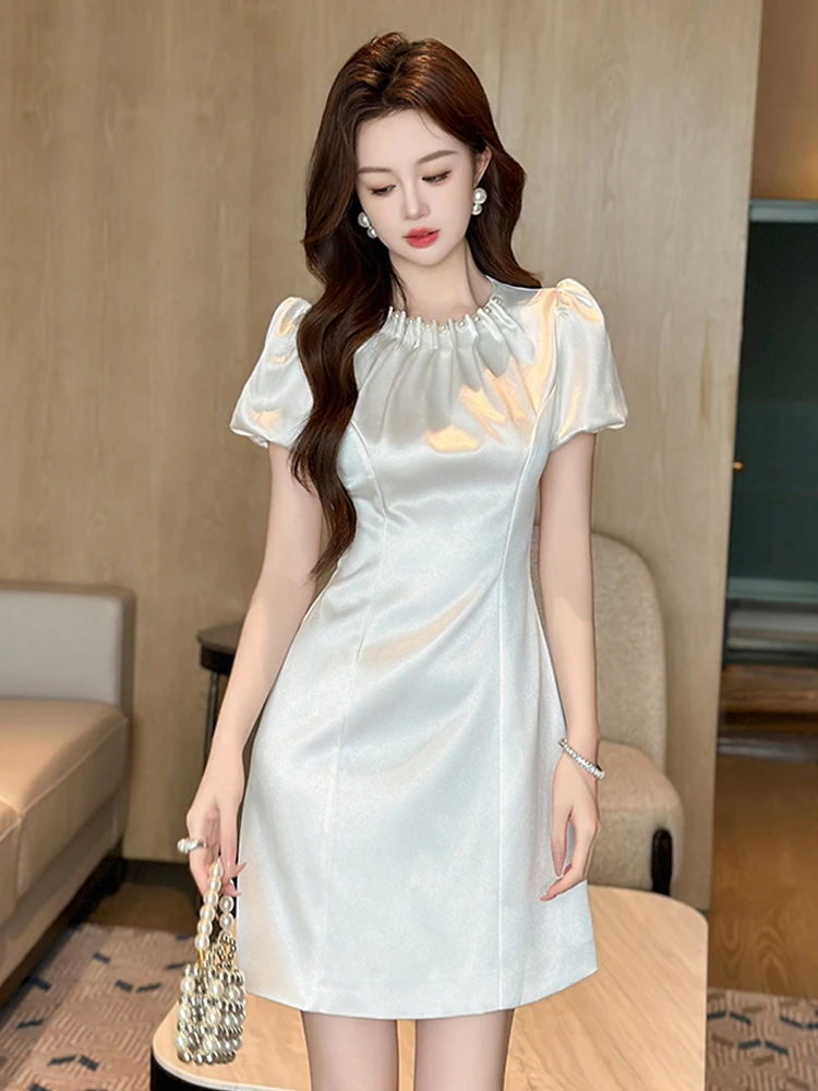 New Elegant Fashion White Black Satin Pearl Evening Dress Women Clothes Retro Bubble Sleeve Short Gown Party Prom Vestido Fiesta