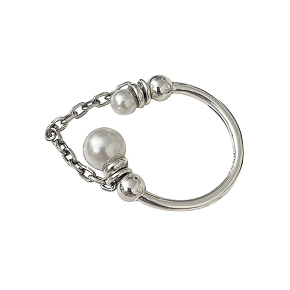 

Pearl Adjustable Ring Women Sterling Silver Chain Open Design Lightweight Durable Smooth Surface Valentine Gift