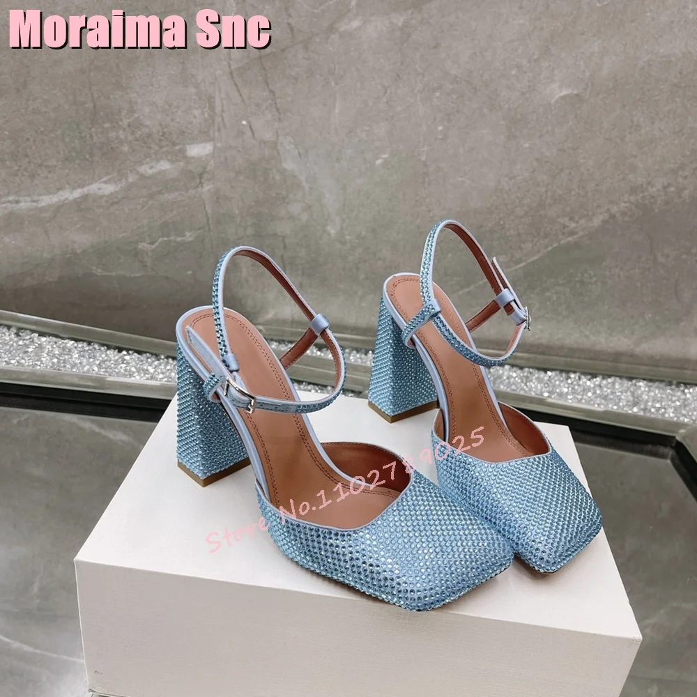 Sandalias de cristal de lujo con punta cuadrada para mujer, zapatos de tacón grueso con hebilla en el tobillo, Sexy, a la moda, novedad de primavera y verano, 2024