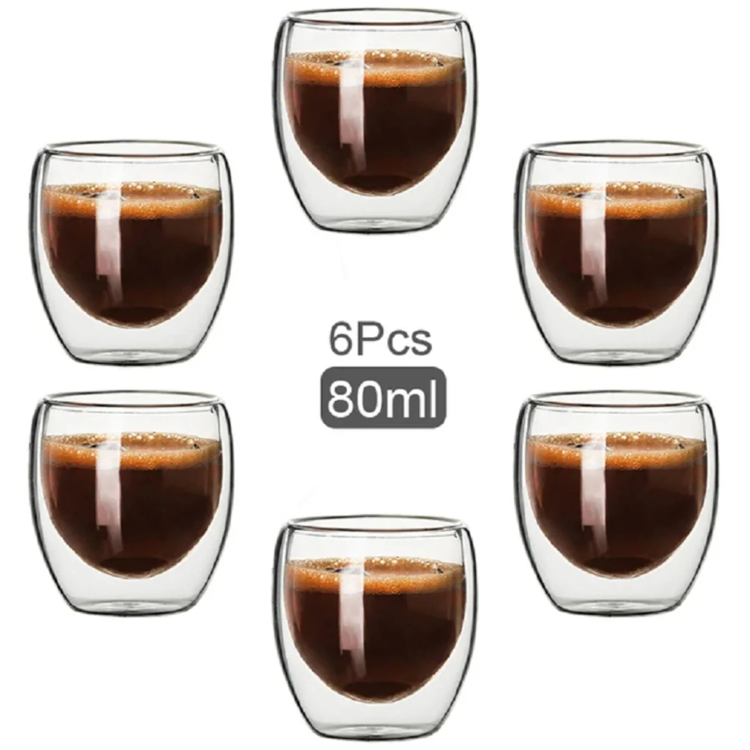 Set of 6 Clear Double Walled Glass Coffee Tea Mugs, 2.7oz Double Wall Cappuccino Hot Cocoa Milk Cups - Elegant and Durable Glass