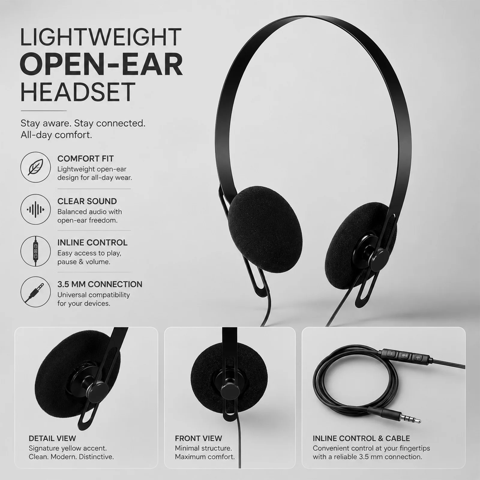 Hellodigi Open-ear Headset Lightweiget Wired Headphones 50mm Driver 3.5mm Plug Compatible with Multiple Devices