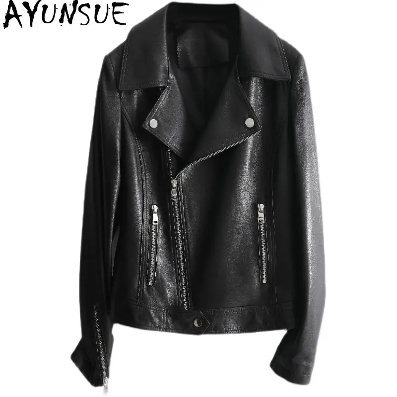 AYUNSUE-Veste en cuir de mouton véritable pour femme, 2023 cuir véritable, manteau court, mode coréenne, vêtements de motard