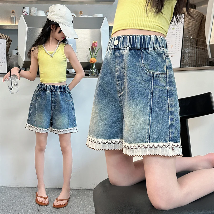 

Elegant Children New Summer Mini Denim Shorts with Lace Bottom for Tween Girls Fancy Street Shorts Kids Fashion Mini Jeans 5-14Y