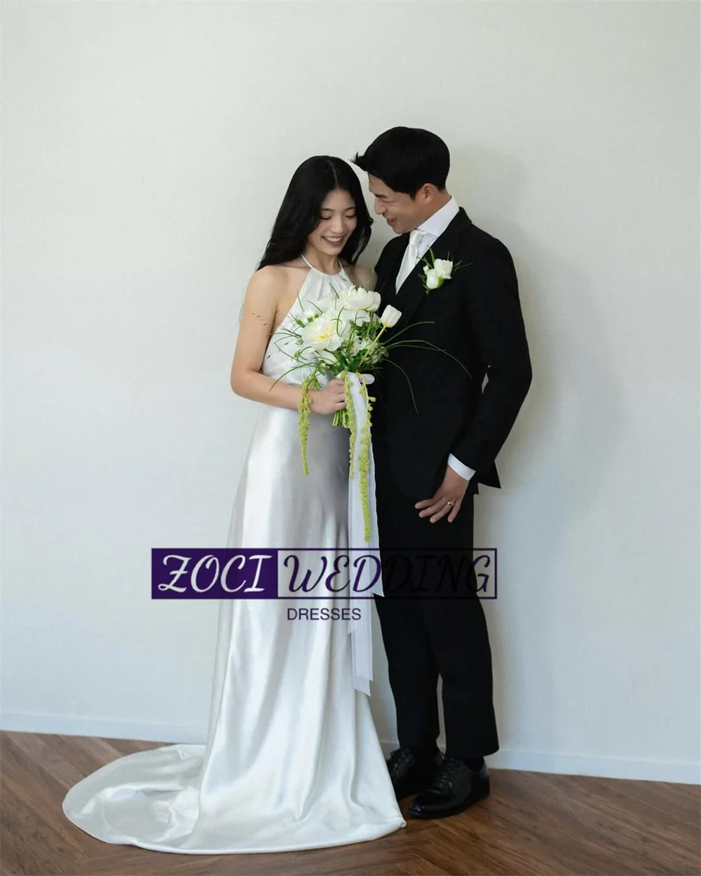 Zoci Sexy Halter Korea Wedding Dresses Mermaid Silk Satin Customized Photos Shoot Dresses Simple Backless Bridal Party Gown