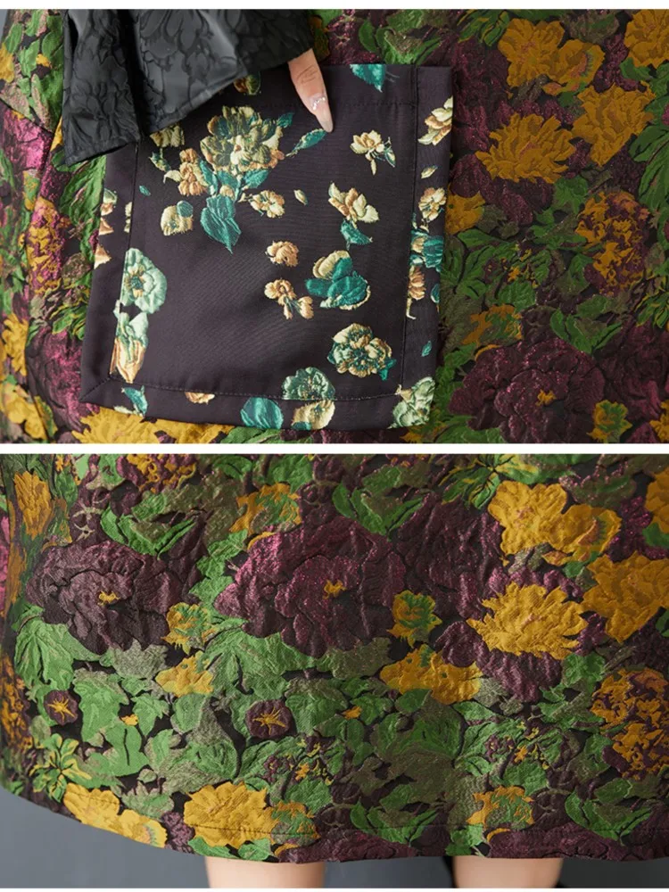 特大春ドレス女性花刺繍ファッション中国風レディースドレスルーズ A ライン女性長袖ドレス