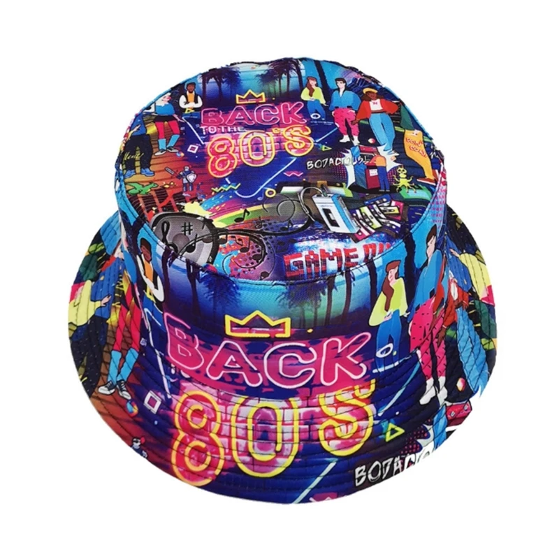 Topi pancing Vintage 80s 90s untuk pria wanita, topi pelindung matahari cetak warna-warni bersirkulasi, topi ember Hiphop sisi ganda