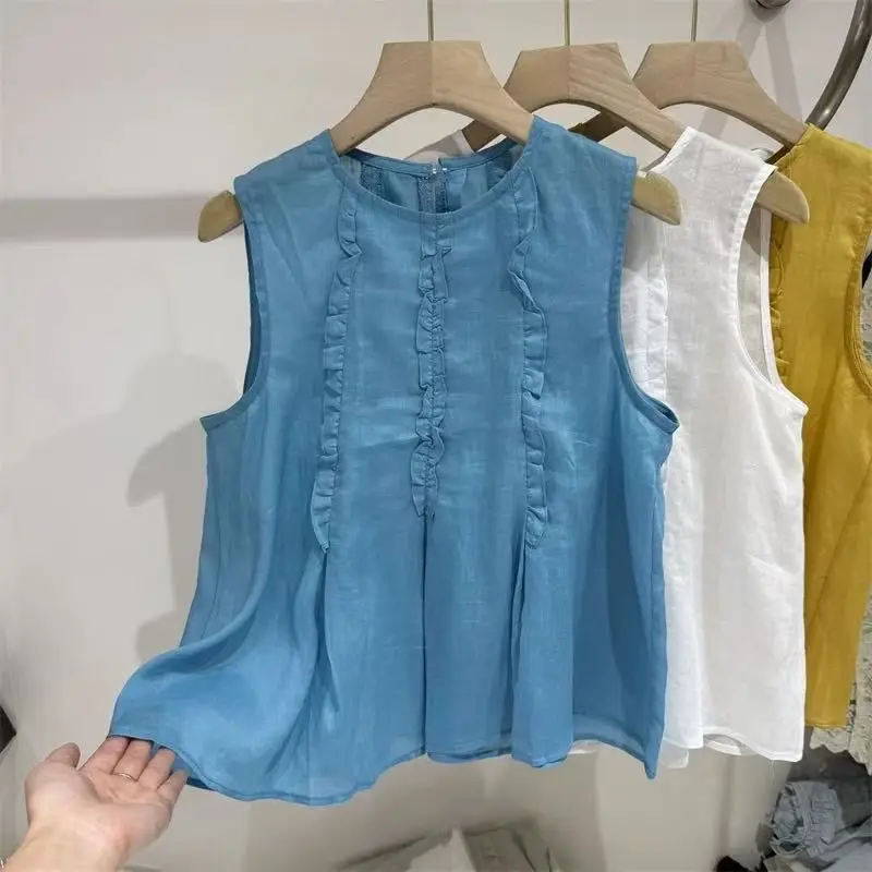 

Fre Sle Wooden Ear Vest irt Women's Summer New Sweet Versatile Unique Svel Top Korean Loose Fit Thin Material