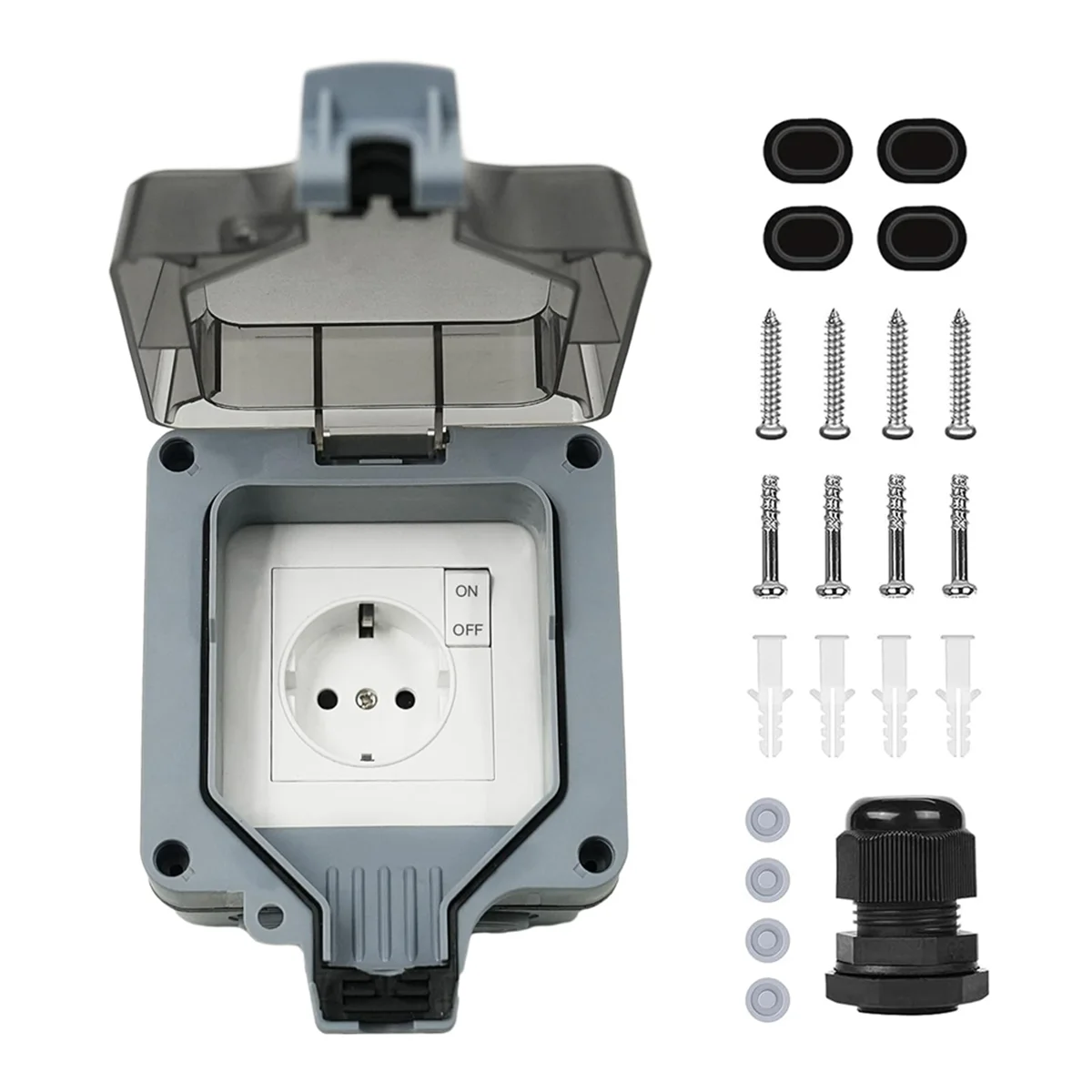 Outdoor Socket Waterproof Socket 1-Way Outdoor Socket IP66 with Switch Indicator Light and Hinged Lid Lockable EU Plug