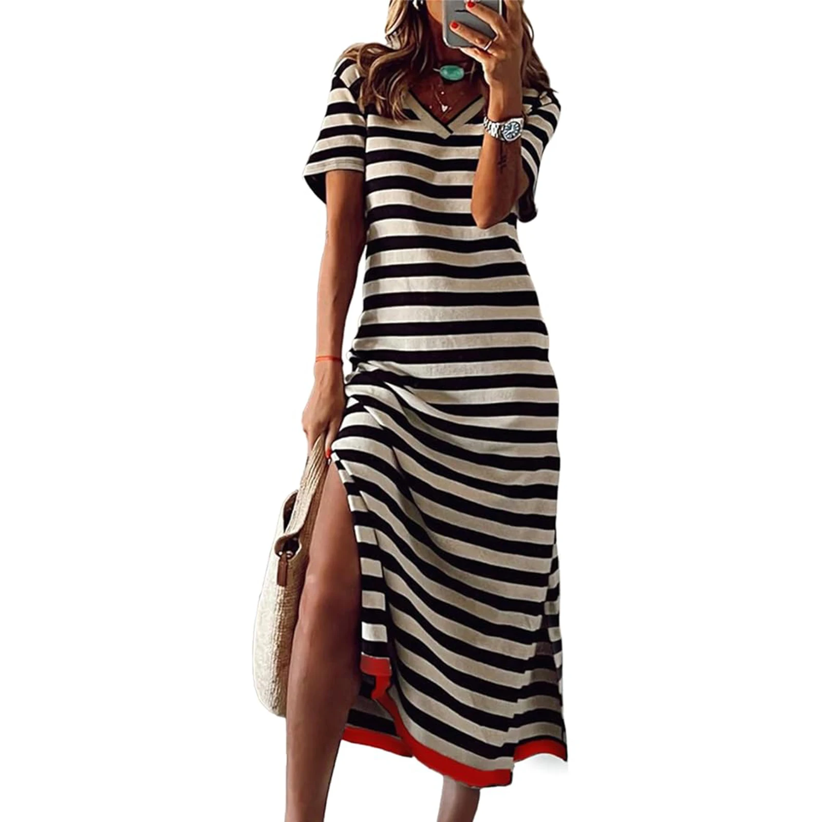 Summer Women T Shirt Dress Striped Long Color Block  V Neck Dress Loose Casual Short Sleeve Side Split Dresses Clothing