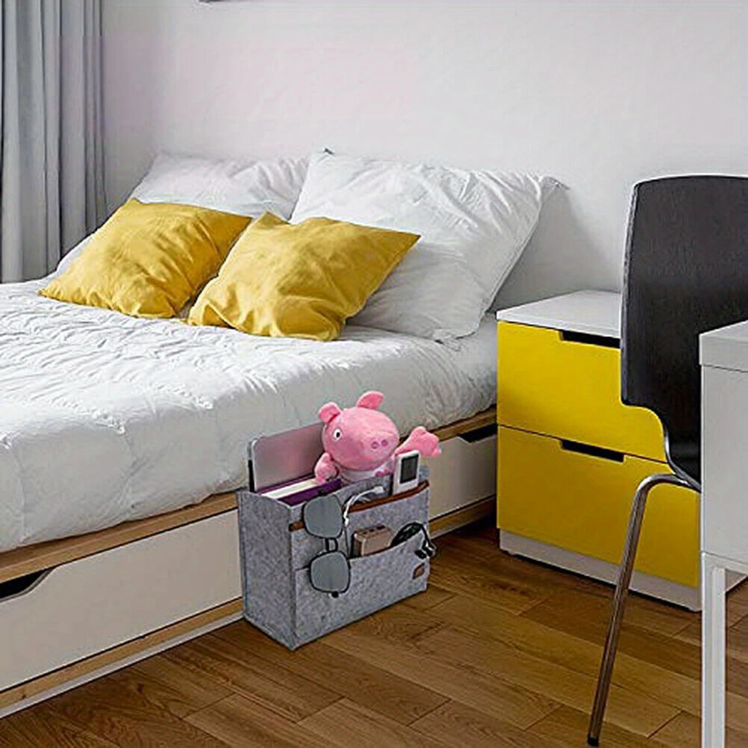 Bedside Caddy Organizer - Classic Fabric with 6 Pockets for Phone & Control - Sofa & Desk Accessory