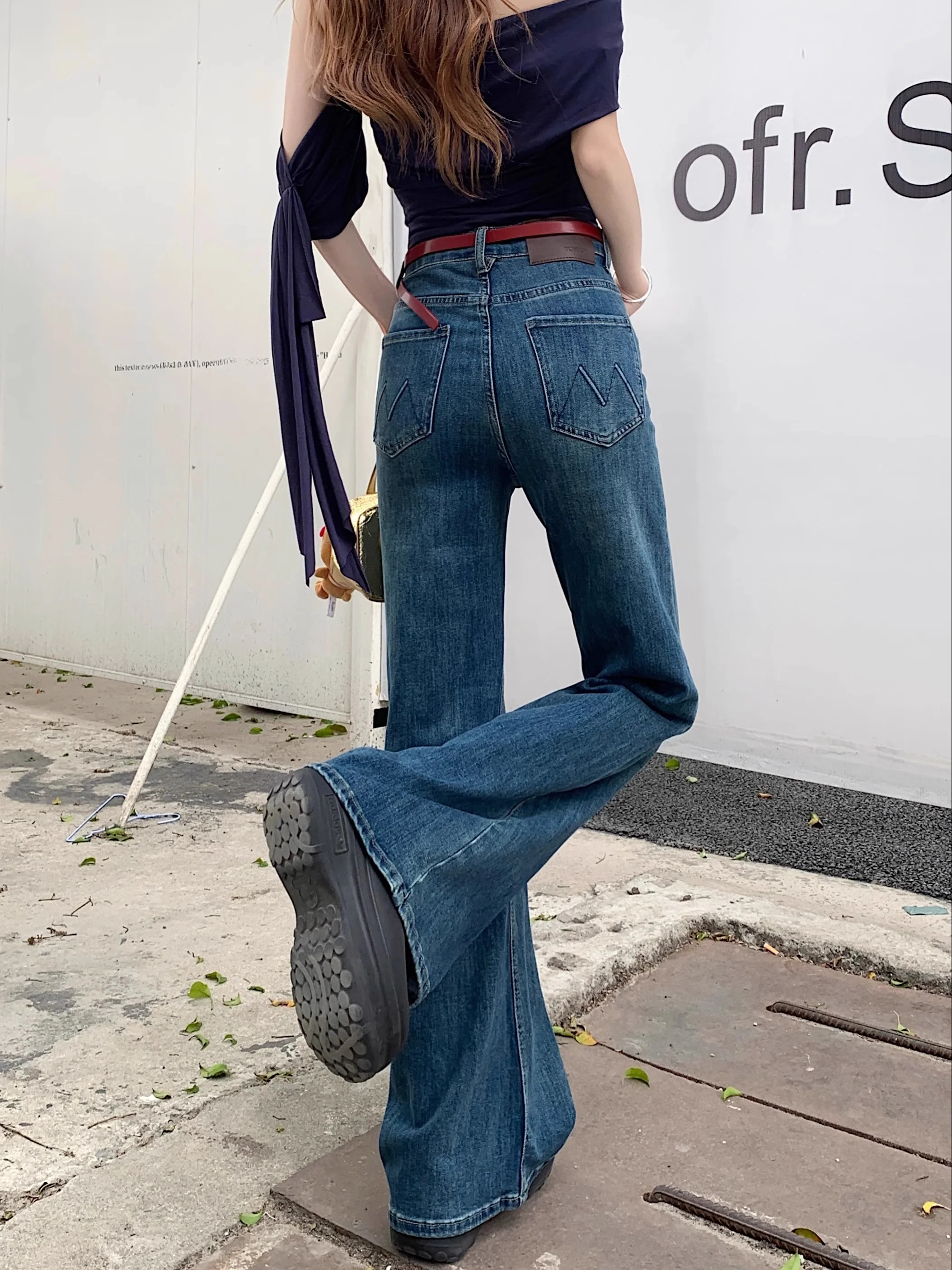 Hellblaue Bell-Bot-Jeans für Damen in Übergröße, hohe Taille, elastisch, bodenlang, lässige Baumwoll-Stretch-Denim-Hose mit geradem Bein