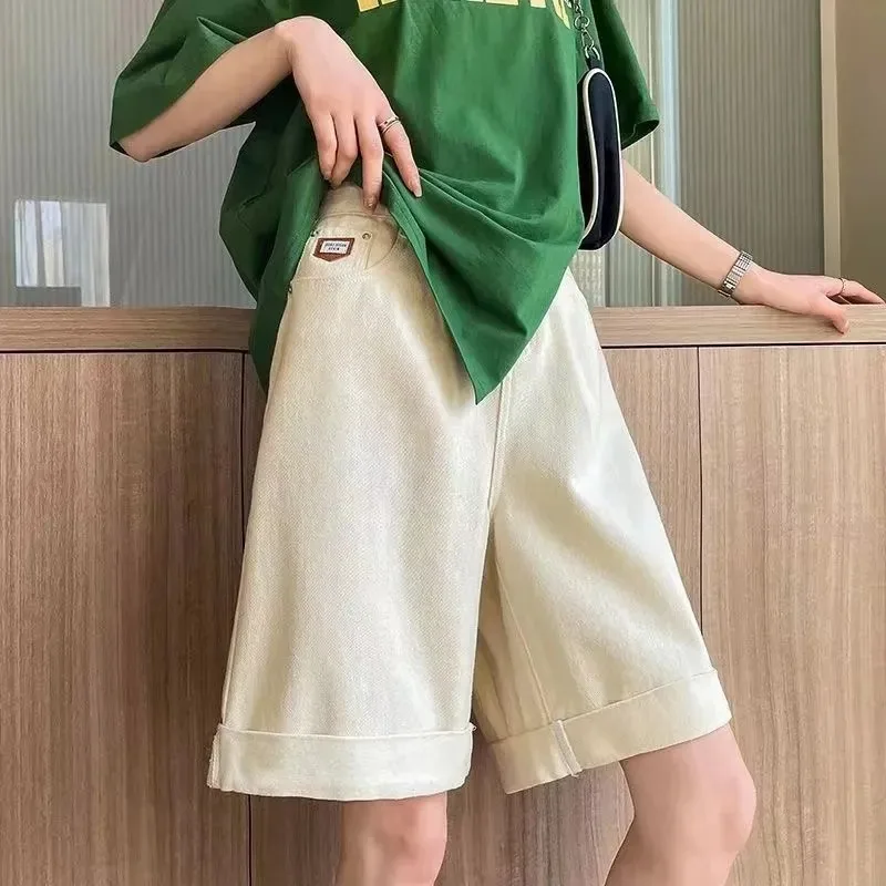 

Women High Waist Loose Denim Shorts Color Contrast Pocket Cuffed Wide Leg Mid Length Casual Slim Summer Bottoms