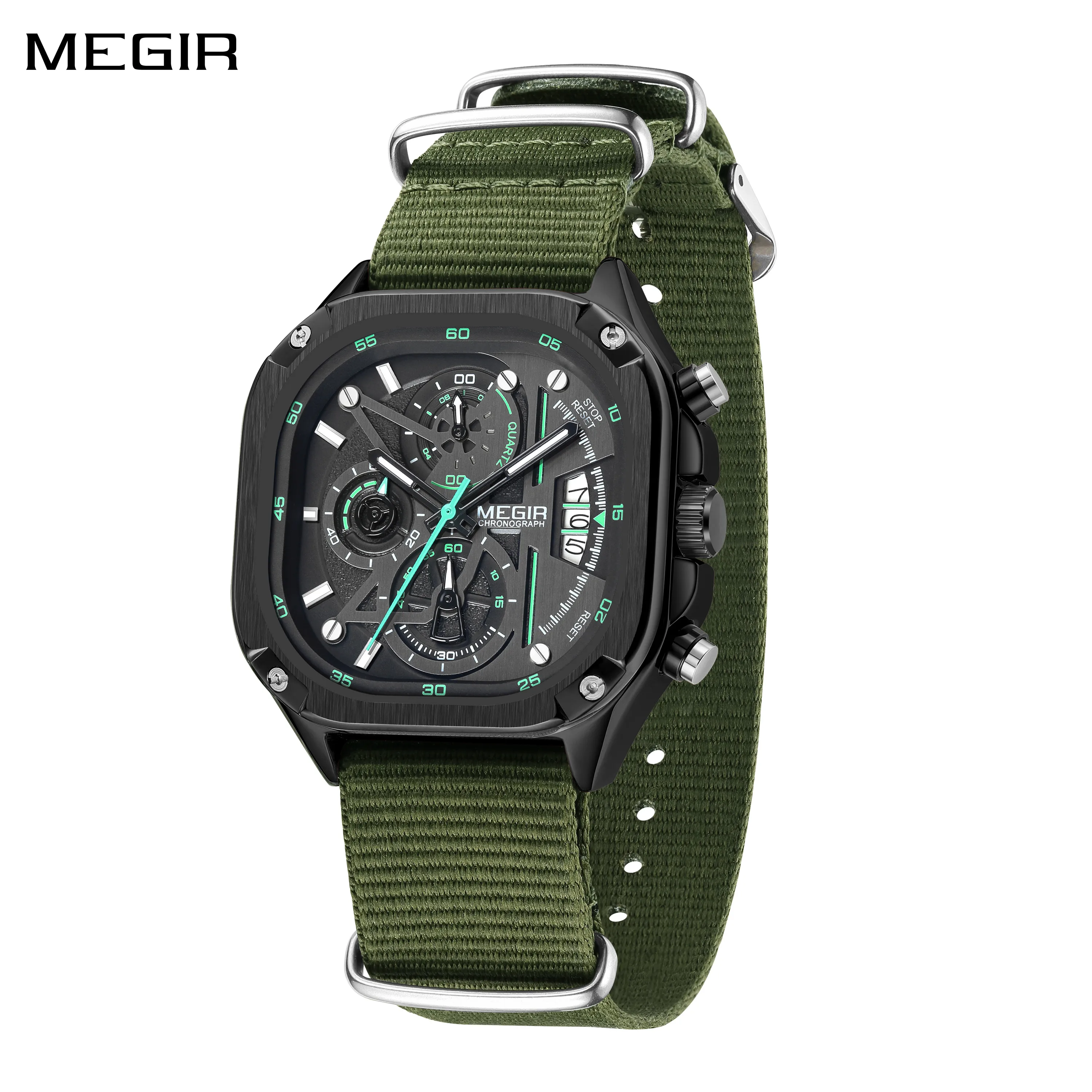 MEGIR Green Canvas Band Men‘s Quartz Sports Watches Waterproof Clock Chronograph Luminous Hands Large Dial Wristwatch for Men