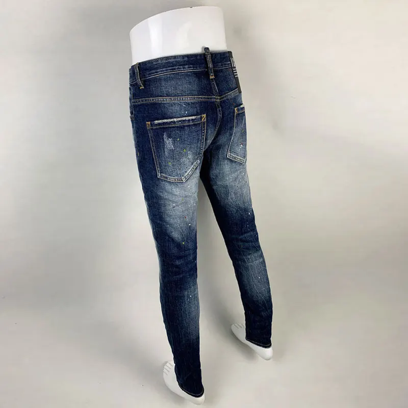 Fashion Streetwear Men Jeans High Quality Retro Blue Stretch Slim Fit Ripped Jeans Men Painted Designer Vintage Brand Pants