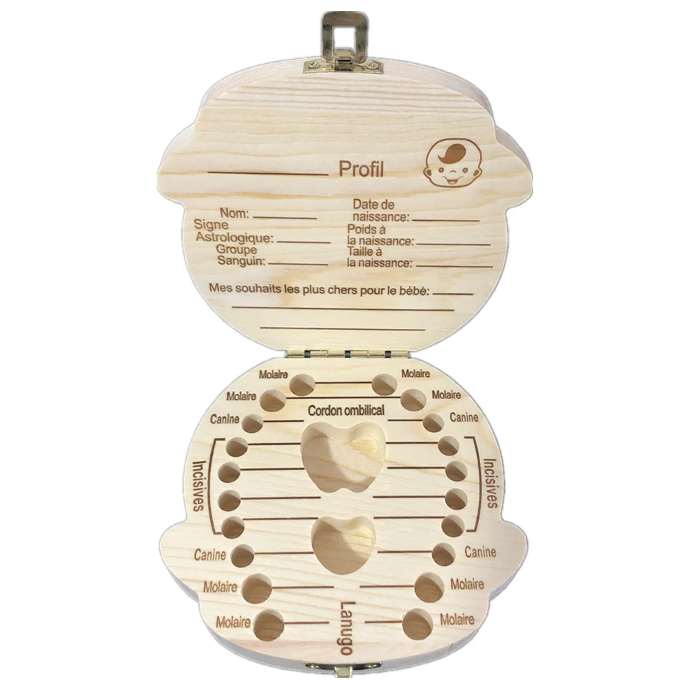 Caja de madera para guardar los dientes de los bebés, inglés/español/francés/ruso/italiano, organizador de los dientes del lanugo, umbilical,