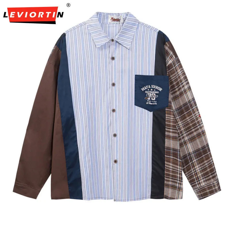 American style spliced contrasting striped long sleeved shirt for men and women in spring, loose and casual, versatile couple's