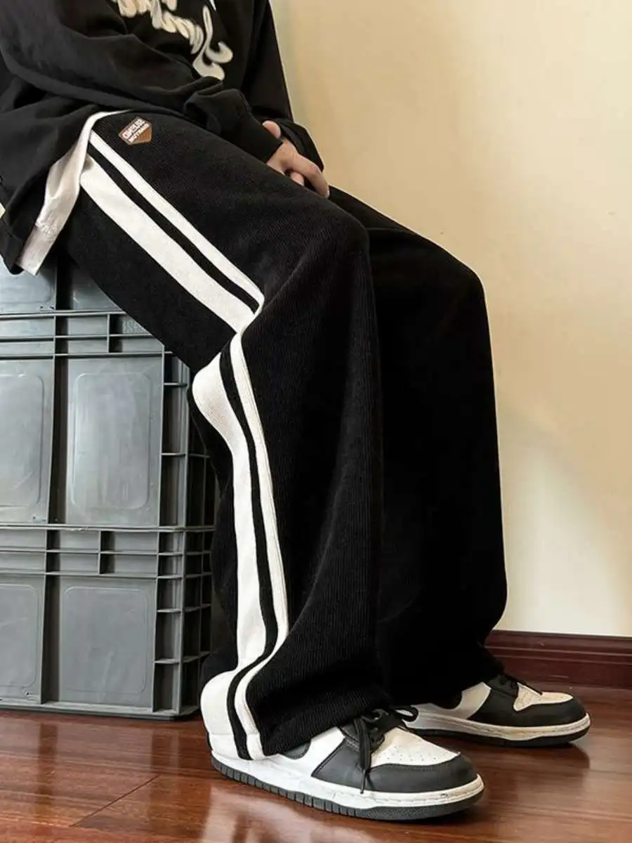 

Мужские повседневные брюки из плотного европейского хлопка, свободного кроя, в полоску, с широкими штанинами, прямого кроя, длинные