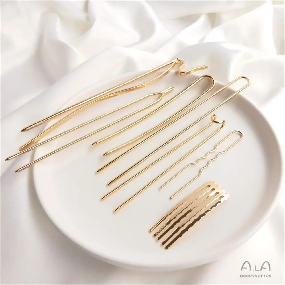 14K Gold Plating Hairpin body U - shaped hair fork double straight rod material DIY handmade ancient style headwear accessories