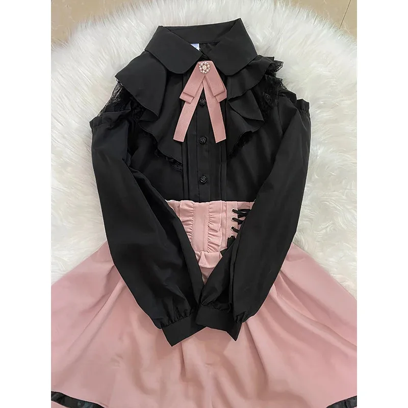 

Kawaii Women Shirts Lolita Y2K Cute Japanese Style Jirai Kei Blouse Elegant Long Sleeve Sweet Tops Casual Aesthetic Shirt 2024