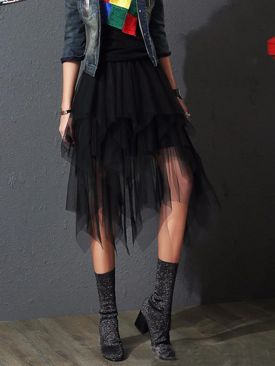 Women’s Tulle Skirt Y2K Mesh Sheer Asymmetrical Layered Fairy Tutu Skirts Sexy A-lineTulle Bubble Skirt