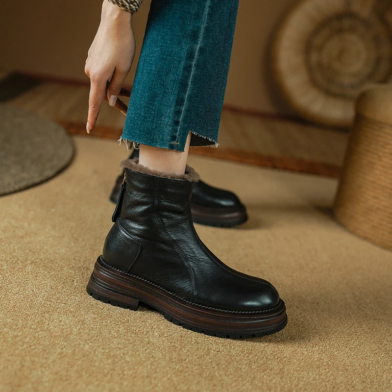 2025 New Genuine Leather Wool Boots Women Slip on Square Mid Heels Warm Winter Boots Handmade Warm Ankle Booties Retro Shoes