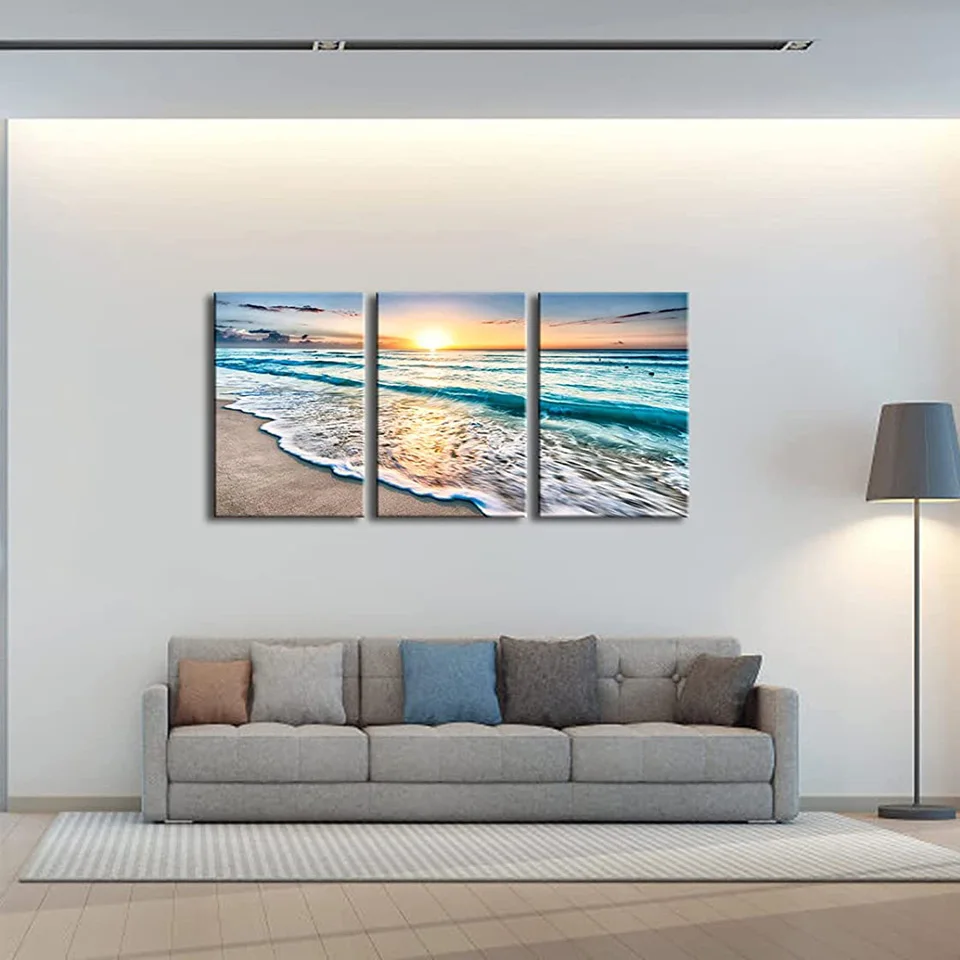 3 Piece Diamond Paintings for Living Room Home Office Decorations Blue Beach Sunrise White Wave Diamond Mosaic Seascape Scenery