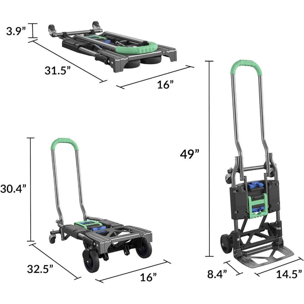 Multi-posição Folding Hand Truck e carrinho, Shifter mão verde, 300 lb Capacidade de peso, 12222PBG1E