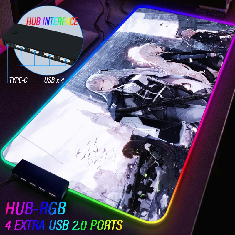 M4A1 M16A1 USB Type C Hub 4 IN 1 RGB Luminous Mouse Pad Girls Frontline Gamer Large Anime Two-Dimensional Computer Desk Mat