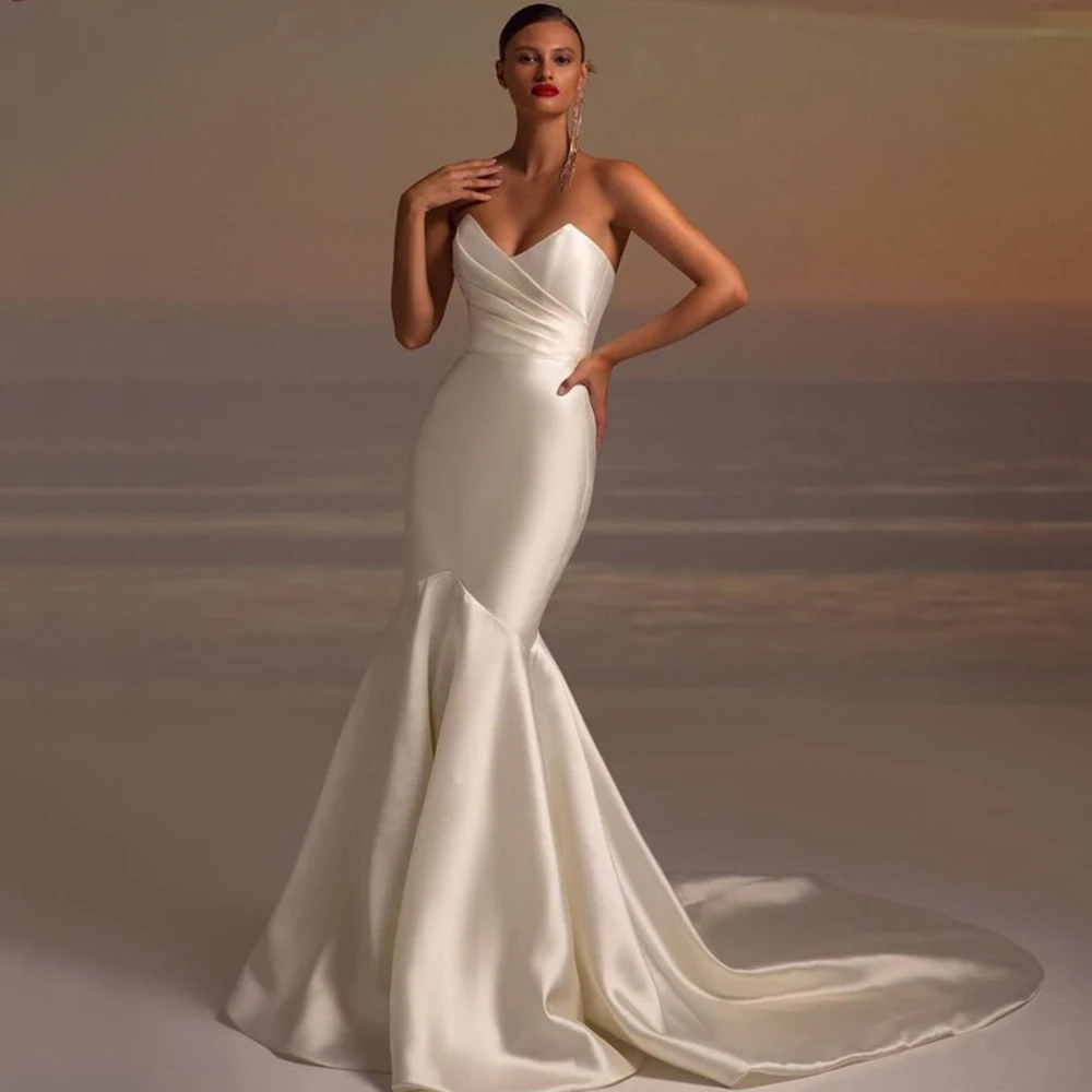 

Elegant Wedding Dress Customized Strapless V-Neck Sleeveless Satin Mermaid Bride Gown Pleat Sweep Train Princess Bridal Robe
