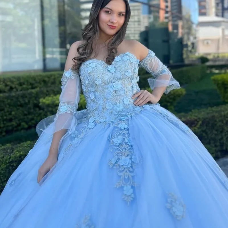 

Blue Quinceanera Dress off-shoulder Crystal Sequin Decal Lace Long tail Bow 3D Flower vestidos de 15 Quinceanera ﻿Customized