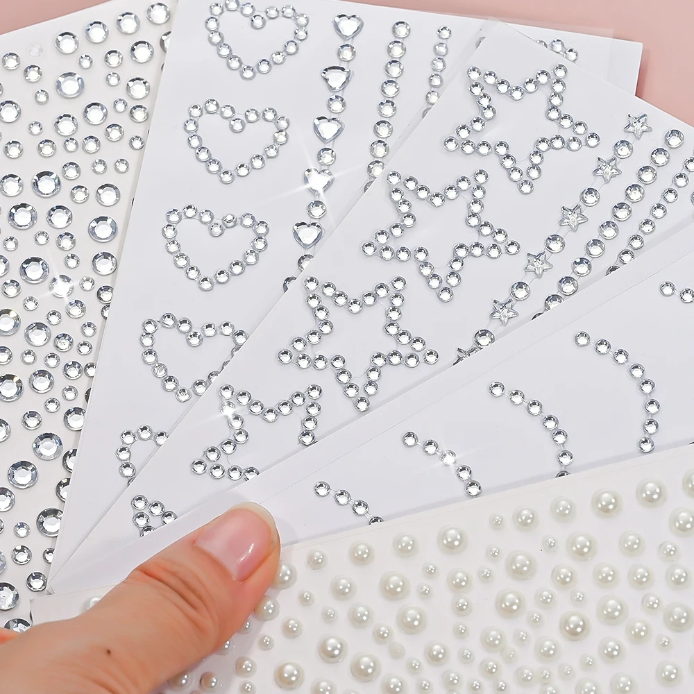 5 Stück 3D-Dekorationen mit klarem Gesicht, Strass-Aufkleber, funkelnder Stern/Liebes-Schmuck, selbstklebende Tattoo-Aufkleber, DIY simuliertes Perlendekor – Detail 7