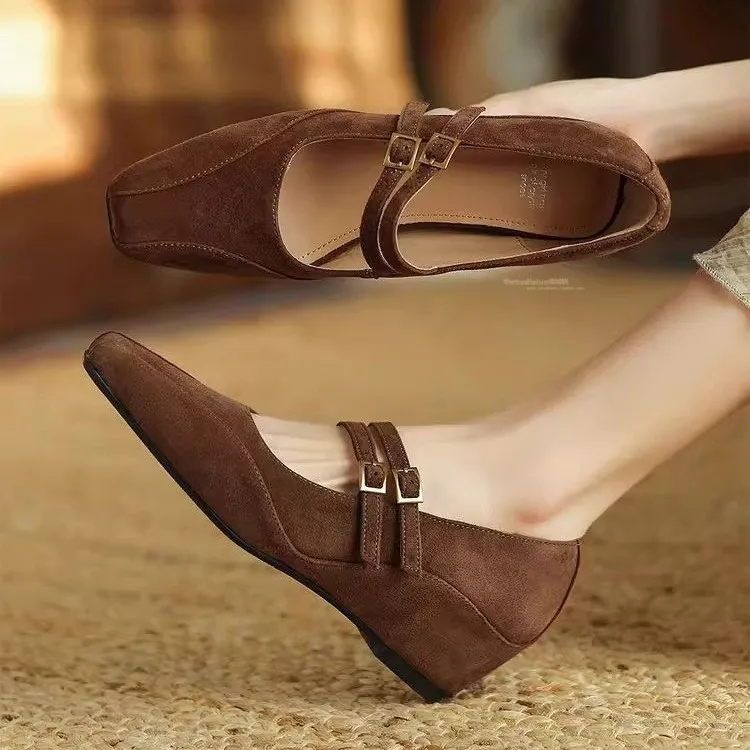 

Women's Mary Jane Cross Strap Shoes 2026 Spring/Autumn New Double Buckle Suede Mary Jane Flat Heeled Platform Leather Shoes