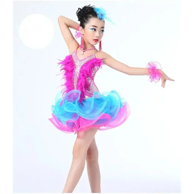 1set/lot Children Professional Latin Dance Dress for Girls Ballroom Dance Competition Dresses sequin feather dress IA5536