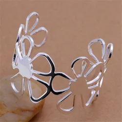 925 Sterling Silver elegant flower wide bangles cuff Bracelets for Women adjustable Fashion Party wedding Jewelry Holiday gifts
