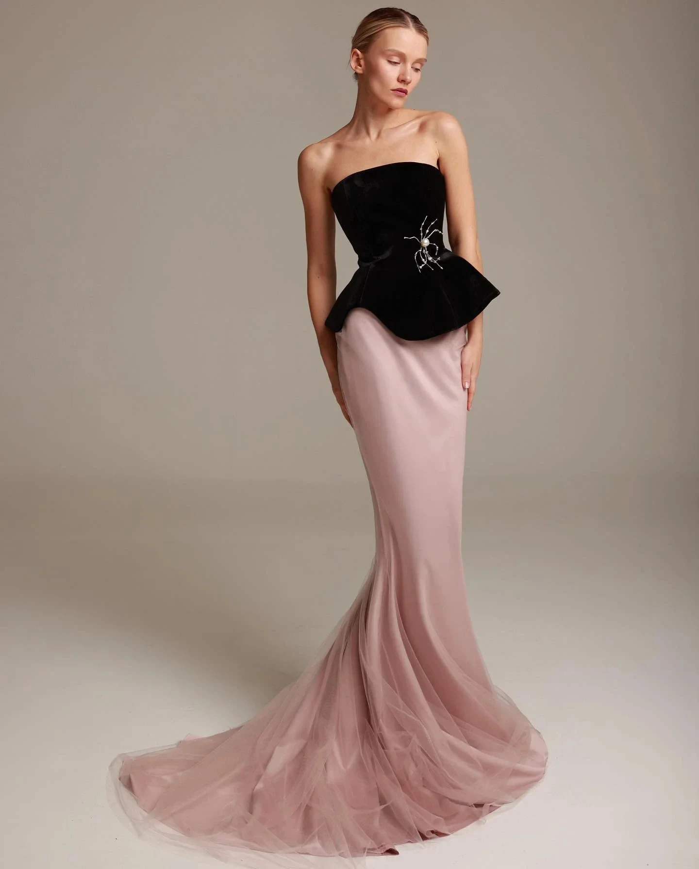 Robe de Soirée Longue en Velours Noir et Rose, Tenue de Bal, Forme Sirène, Sans Bretelles, Élégante, Perlée, Éducative