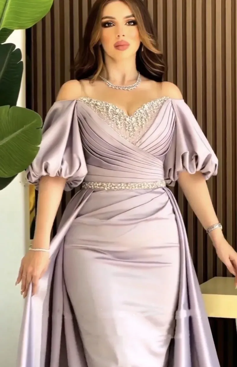 Robe de Soirée Luxueuse en Satin Lavande pour Femme, Manches Courtes, Sirène, Arabe, Bal de Promo