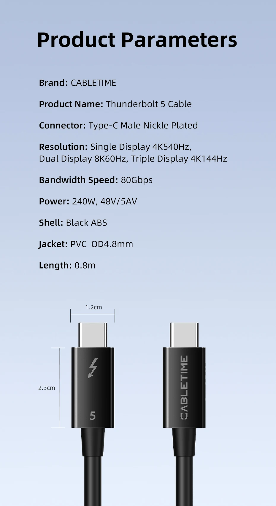 CABLETIME Thunderbolt 5-Kabel Intel-zertifiziertes 120 Gbit/s PD 240 W Datenkabel Schnellladung 8K60 Hz Typ-C-Kabel für Mac/PC iPad SSD – Detail 9