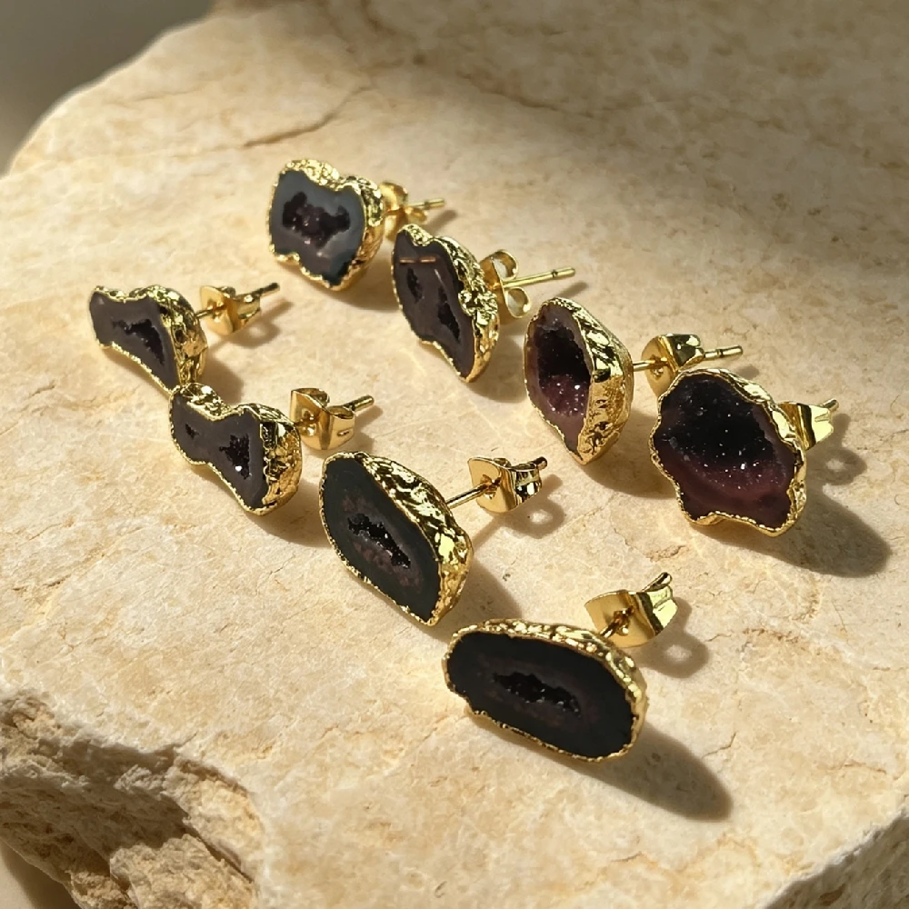 Irregular Geode Slice Stud Ear Charms Druzy Crystal Rough Edge Bezel Golden Plated DIY Earring Fitting E2R1060