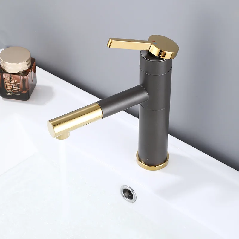 Grayish gold platform basin pull type faucet in the bathroom Rotating telescopic washbasin gun Grey washbasin cold and hot tap