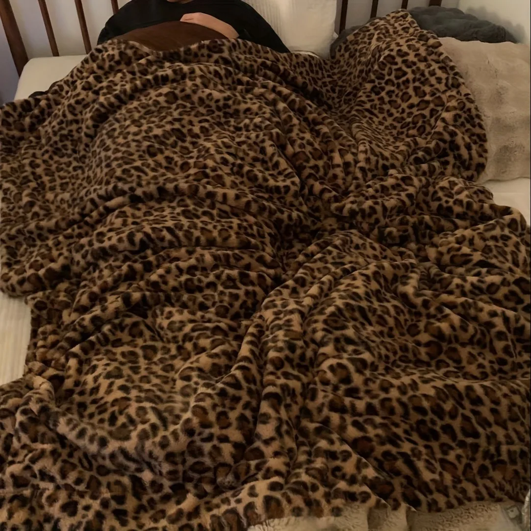 Leopard Print Rabbit Plush Double Sofa Blanket Multi-Functional Stylish Good-Looking Warm Comfortable Living Room Decor Blanket